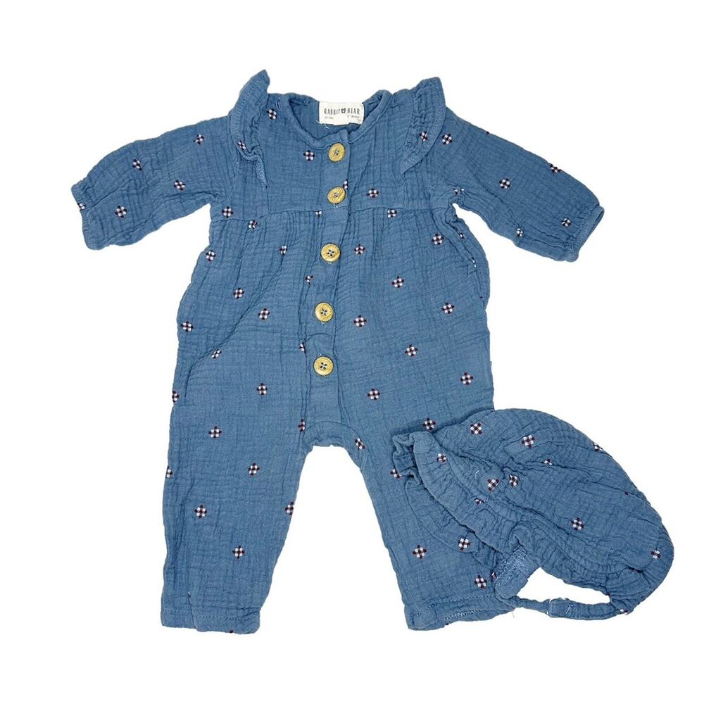 Rabbit + Bear Romper and Hat Size 0-3 Months